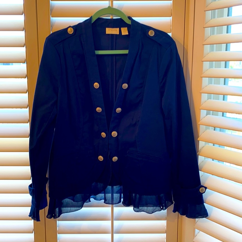 Chico’s Ruffle Hem Navy Blue Military Jacket